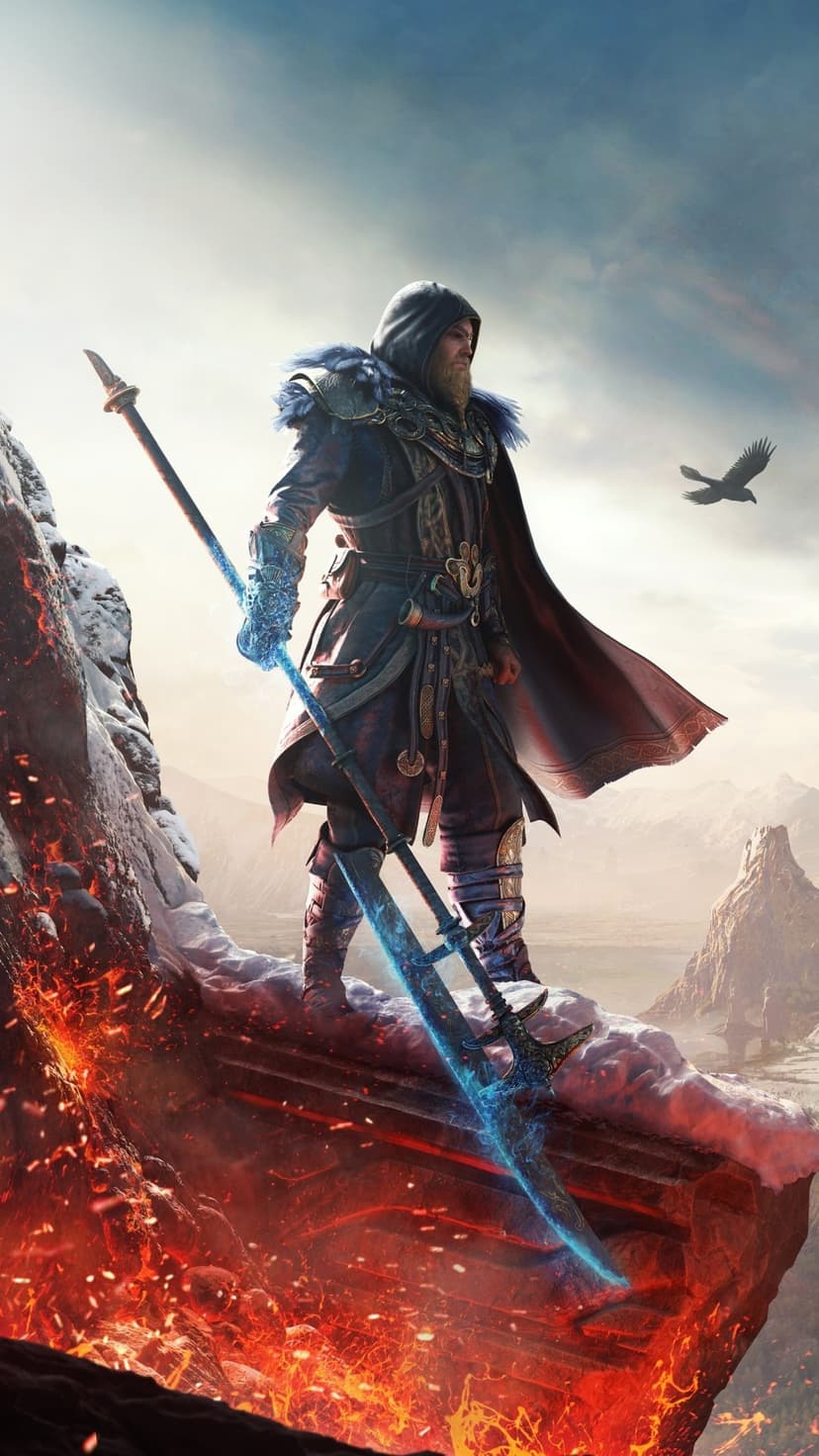 Viking warrior in hooded armor holds a glowing blue staff while standing on a fiery, jagged mountain ledge.