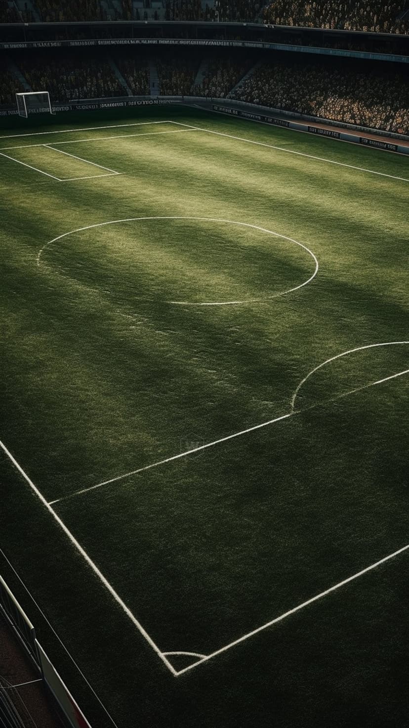 Soccer field with white markings and a goal post viewed from a high angle under cinematic stadium lighting.