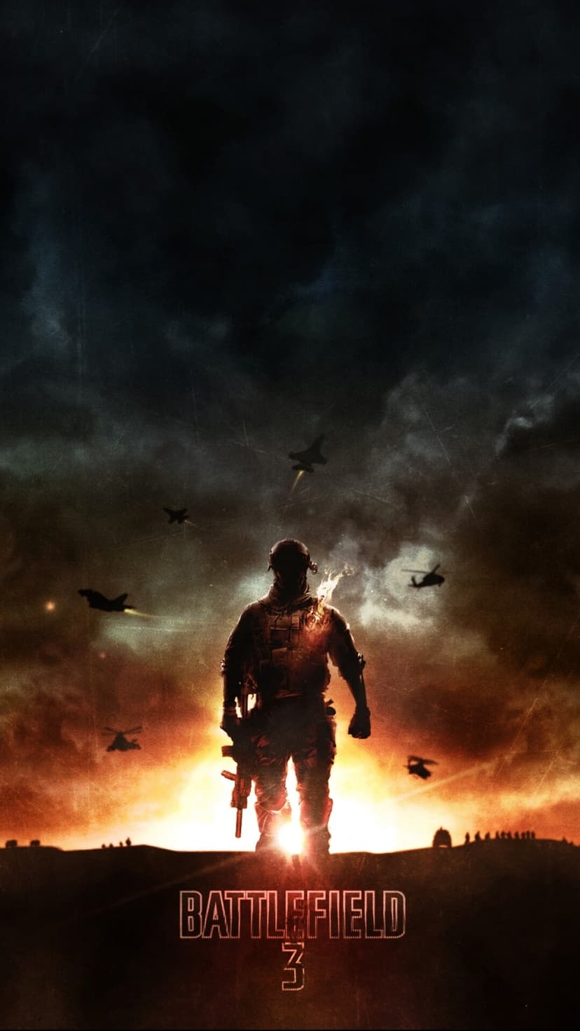 Silhouetted soldier walks toward the viewer before a bright explosion with jets and helicopters overhead.
