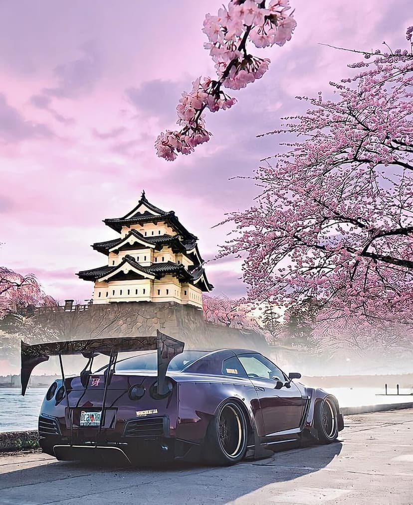 Purple Nissan GT-R parked on a path near a traditional Japanese castle surrounded by blooming pink cherry blossoms.