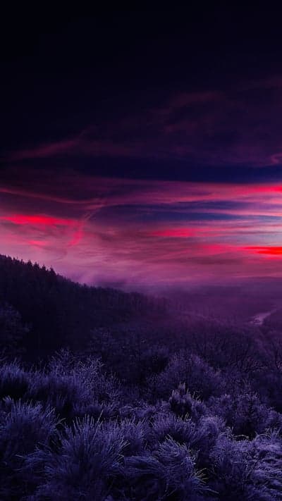 Dramatic Sunset Over a Misty, Forested Mountain Landscape