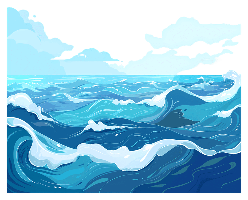 Ocean wave illustration featuring blue water crests and white foam curls against a transparent background.