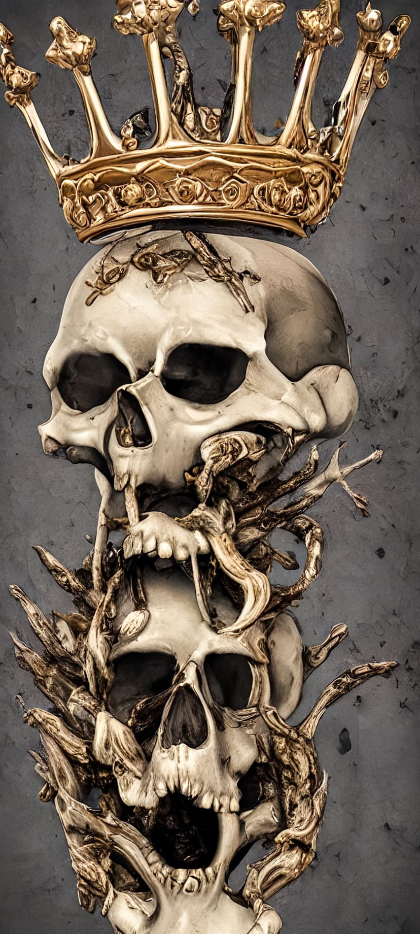 Stacked human skulls topped with an ornate gold crown and framed by dark gnarled twigs on a gray wall.