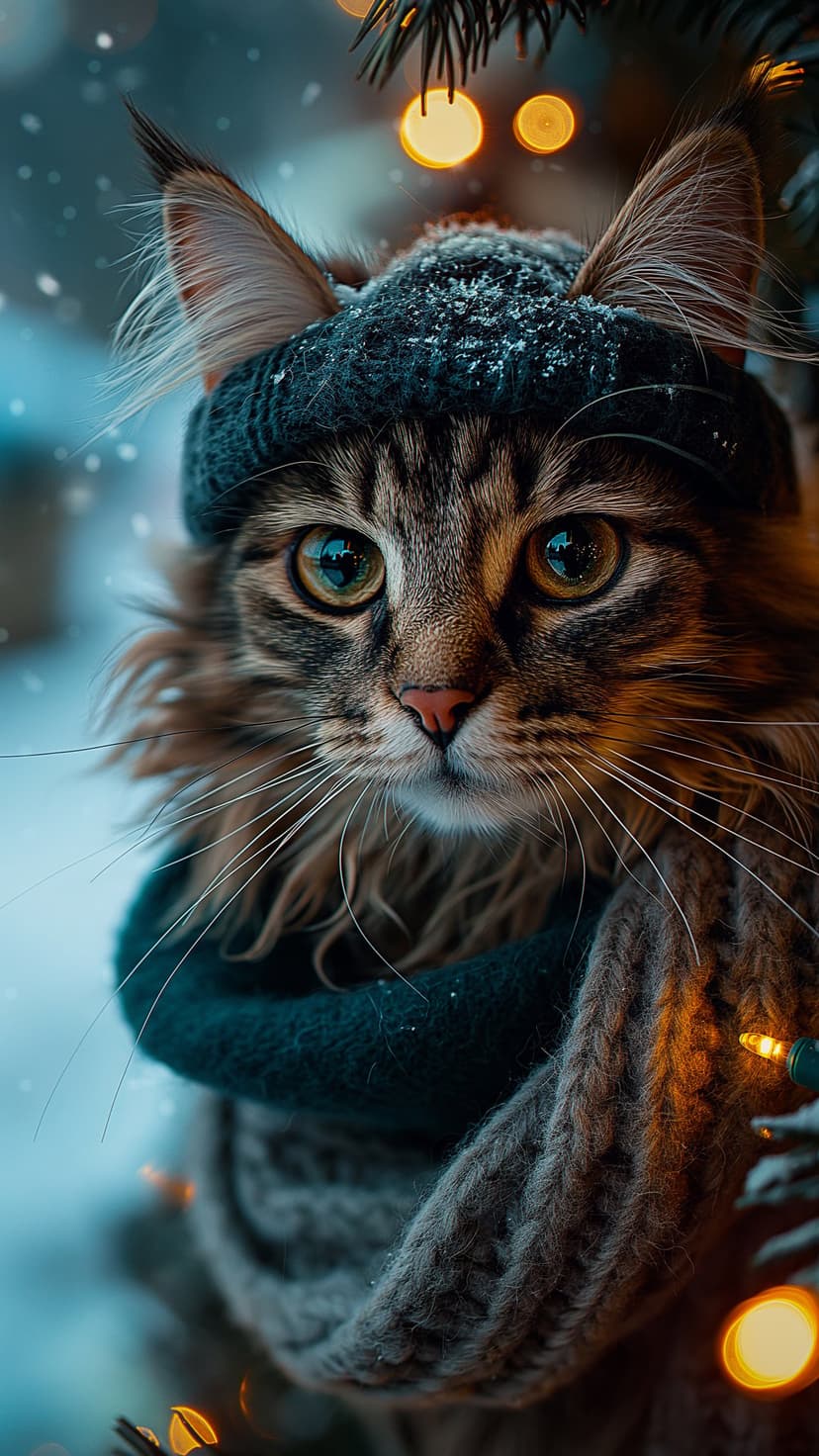 Tabby cat wearing a green knitted hat and red scarf sits before glowing Christmas lights and soft falling snow.