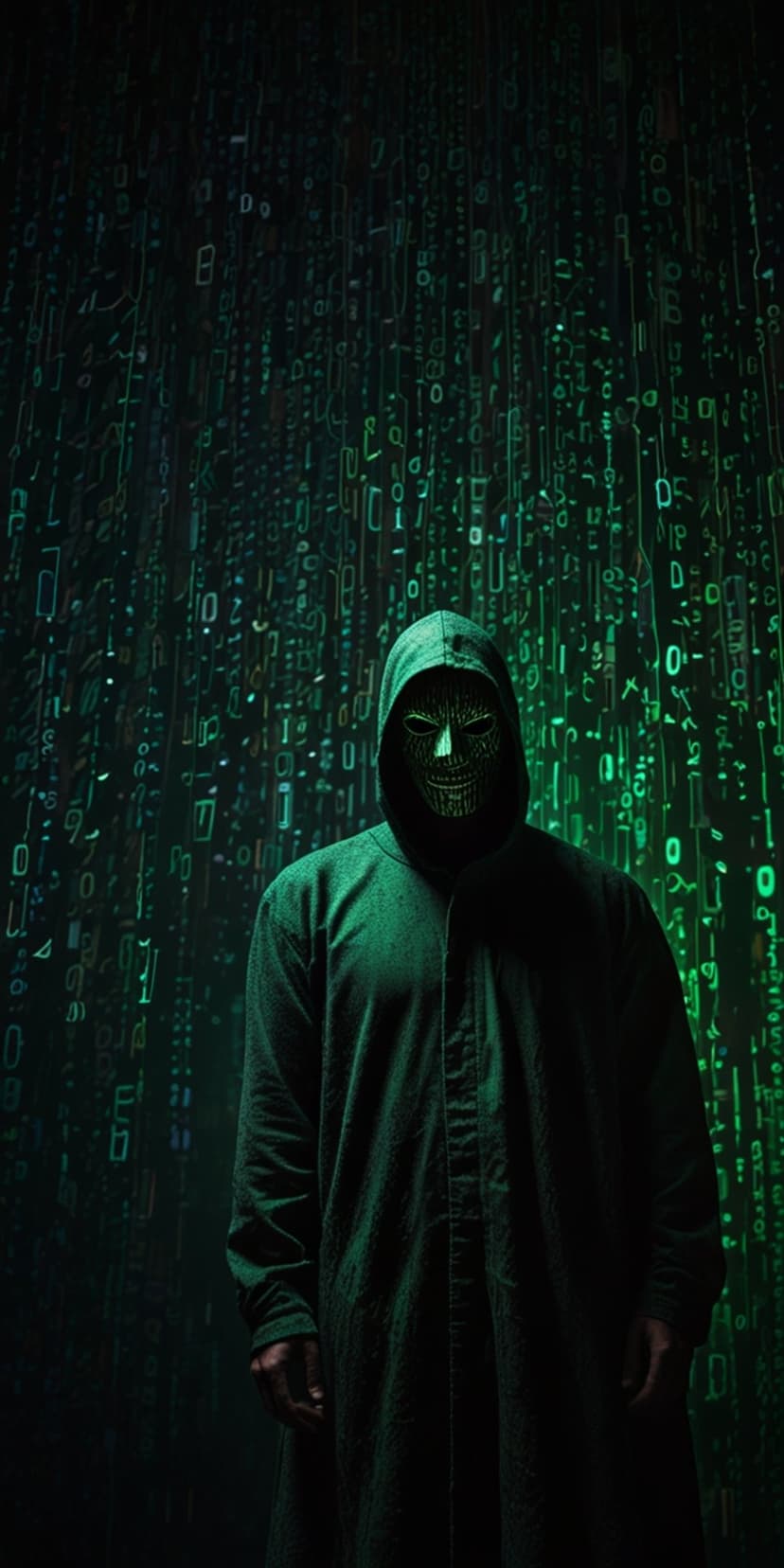 Masked person in a green hoodie facing forward against a backdrop of falling neon green binary code numerals.