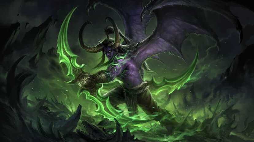 Demon hunter with purple skin, large horns, and glowing green warglaive stands amid swirling emerald mist and dark rocks.