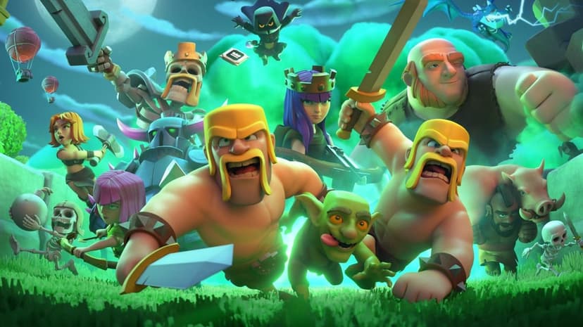 Barbarians, Goblins, and Giant charge through green mist under a moonlit sky in a vibrant battle scene.
