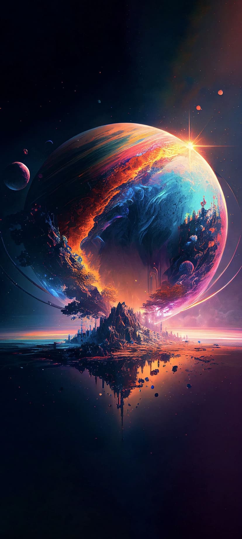 Alien mountain city under swirling orange and blue nebulae with orbiting planets reflecting on a calm lake surface.