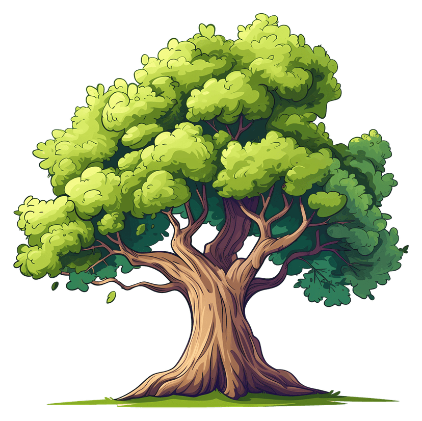 Cartoon tree illustration with a thick green canopy and brown trunk isolated against a white background.