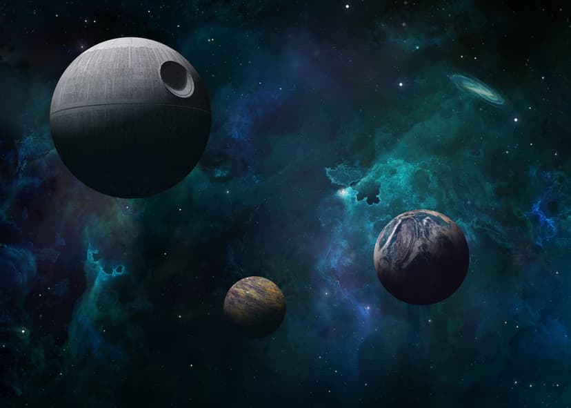 Death Star space station near three planets and a spiral galaxy within a glowing blue and green nebula.