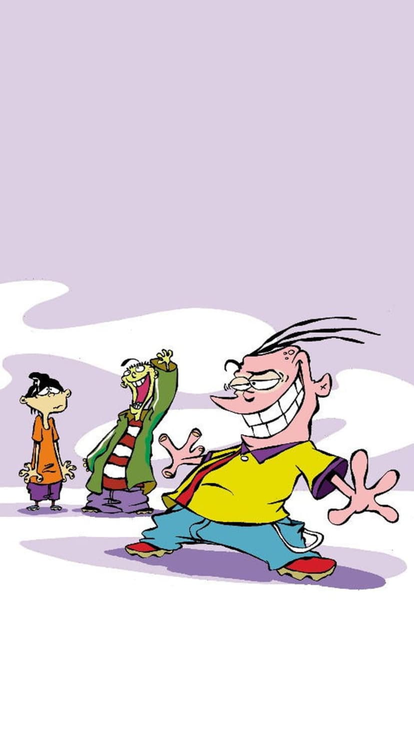 Ed, Edd, and Eddy pose together with expressive faces and wide grins against a soft purple background.
