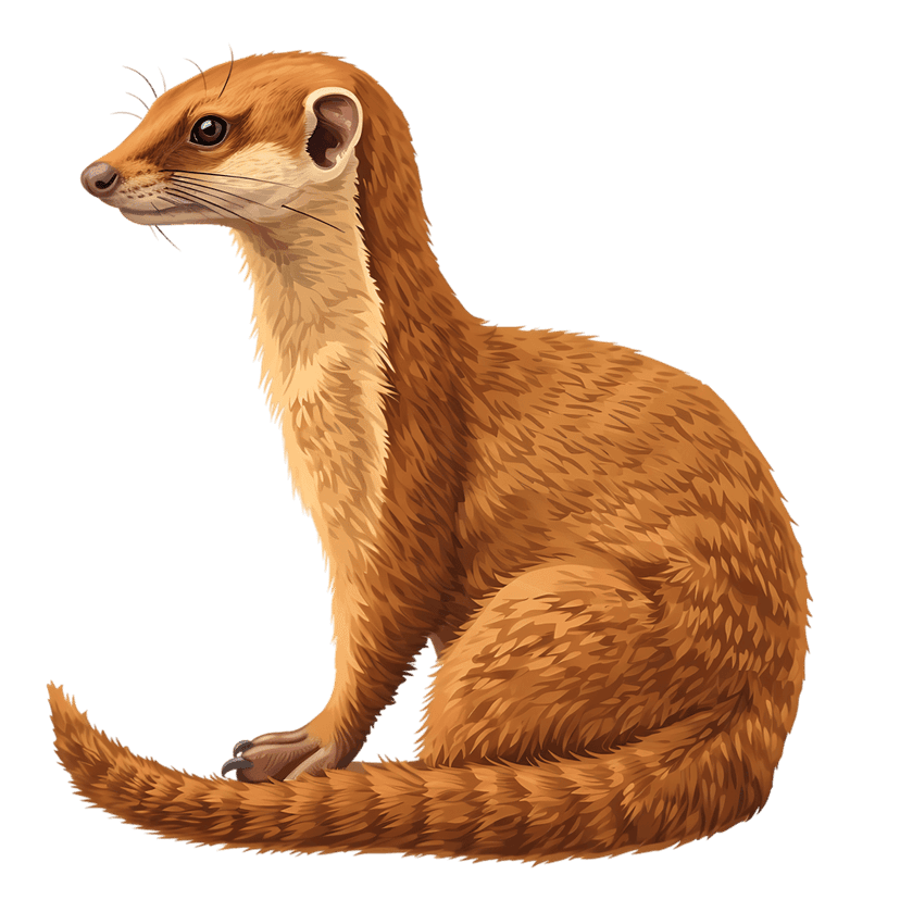 Reddish-brown mongoose sits in profile with a curled tail and detailed fur against a black background.