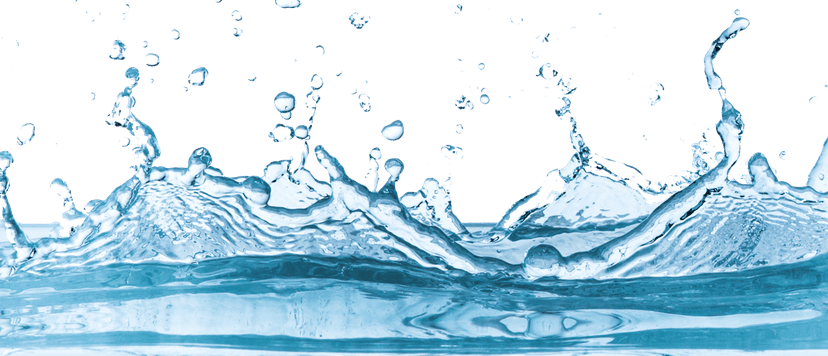 Water splash droplets spray outward with realistic transparency and blue liquid textures in a dynamic arc.