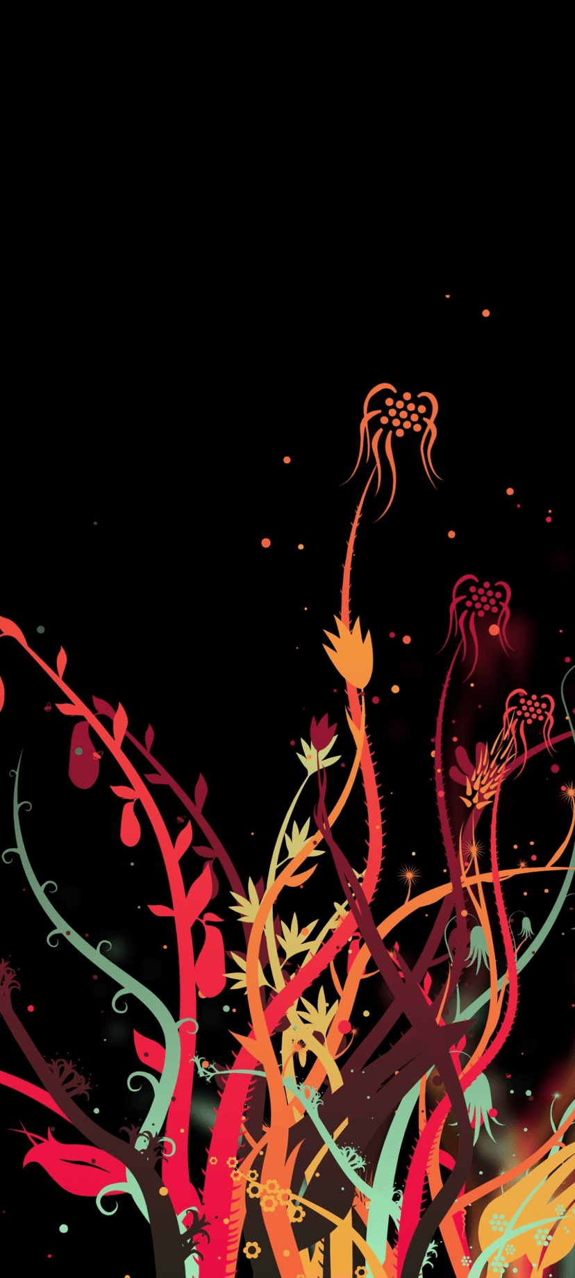 Stylized red and teal flowers with curved leaves and floating dots stand out on a solid black background.