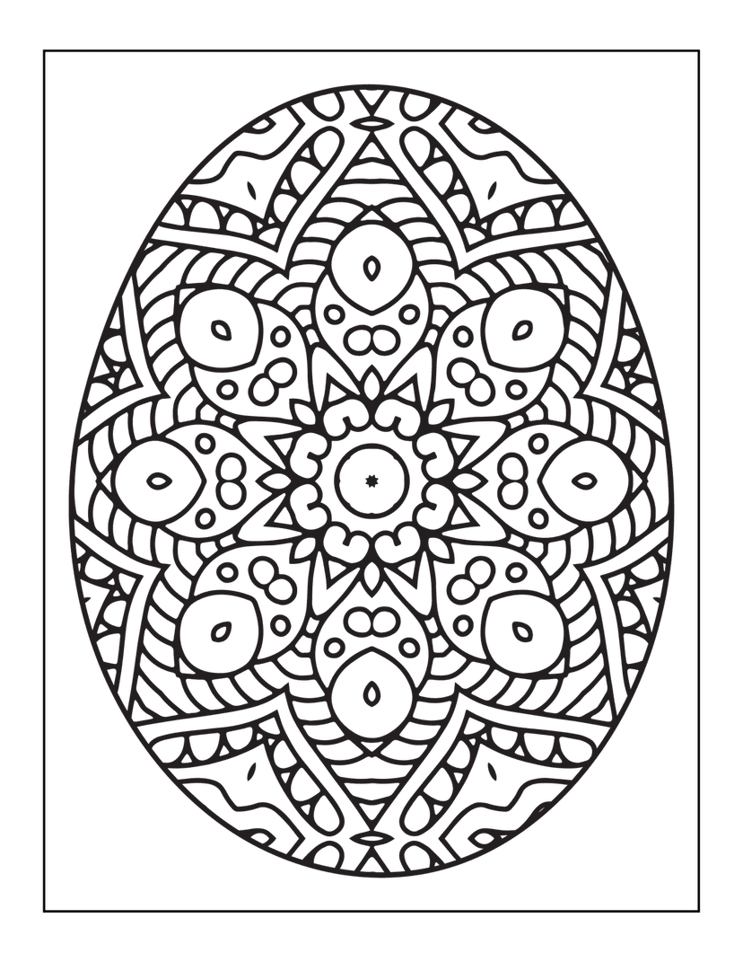 Detailed Easter egg mandala outline displays symmetrical floral patterns and geometric circles in black ink lineart.