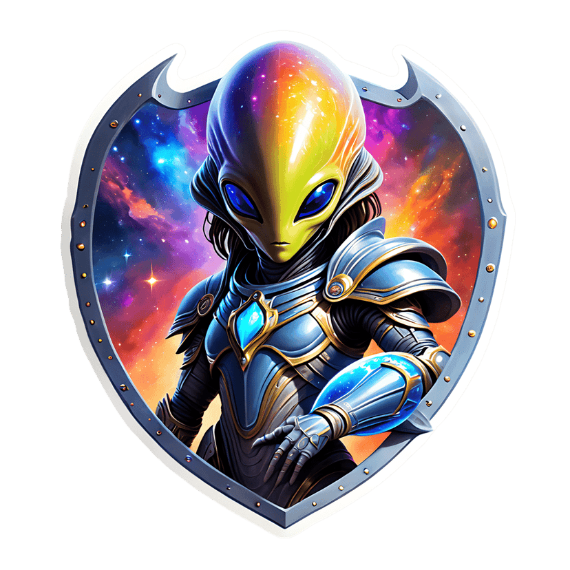 Armored alien warrior inside a silver shield against a cosmic nebula background with blue and gold armor plating.