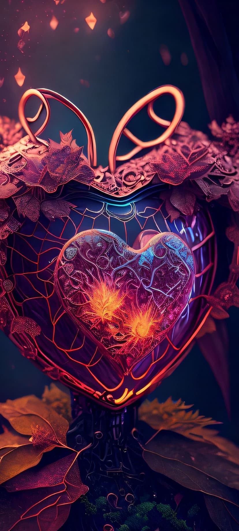 Translucent heart sculpture with a glowing orange core and metallic leaf accents against a dark bokeh background.