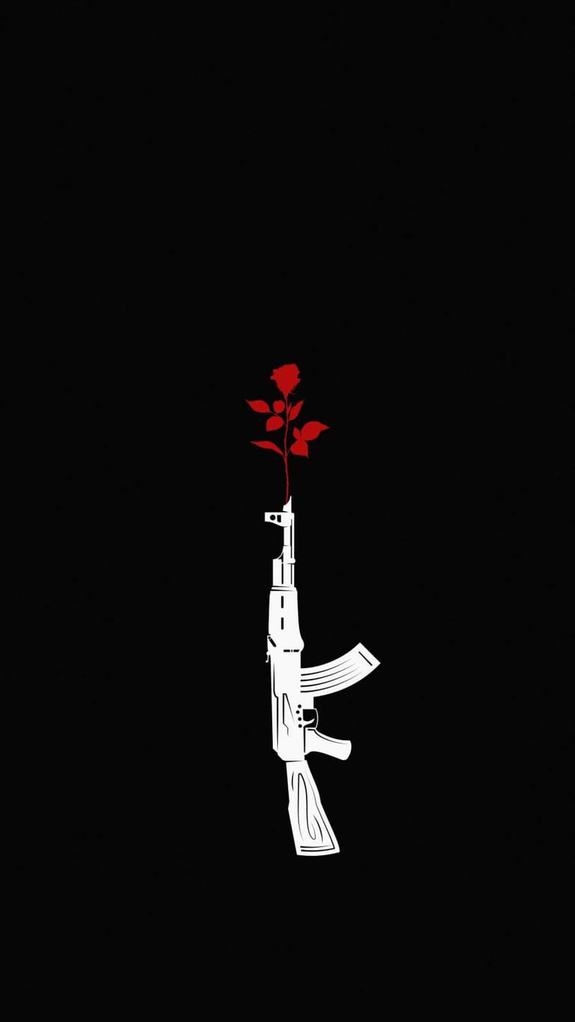 White AK-47 rifle silhouette on black background with a red rose emerging from the barrel and green leaves.
