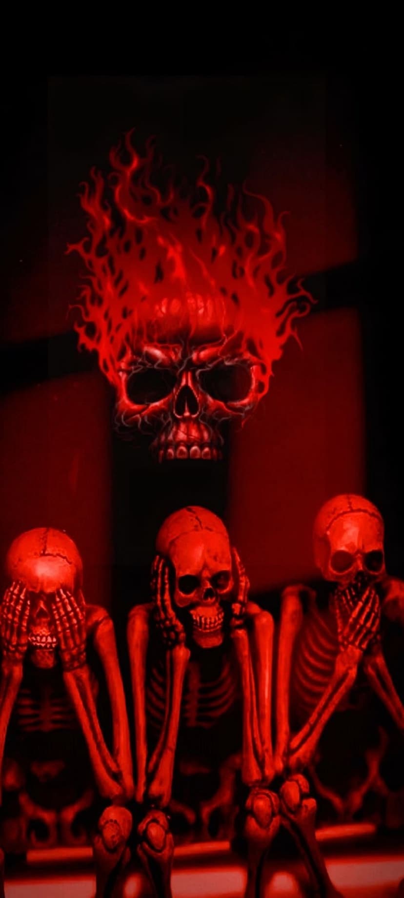 Three skeletons cover their faces below a flaming skull within a monochromatic red and dark crimson atmosphere.