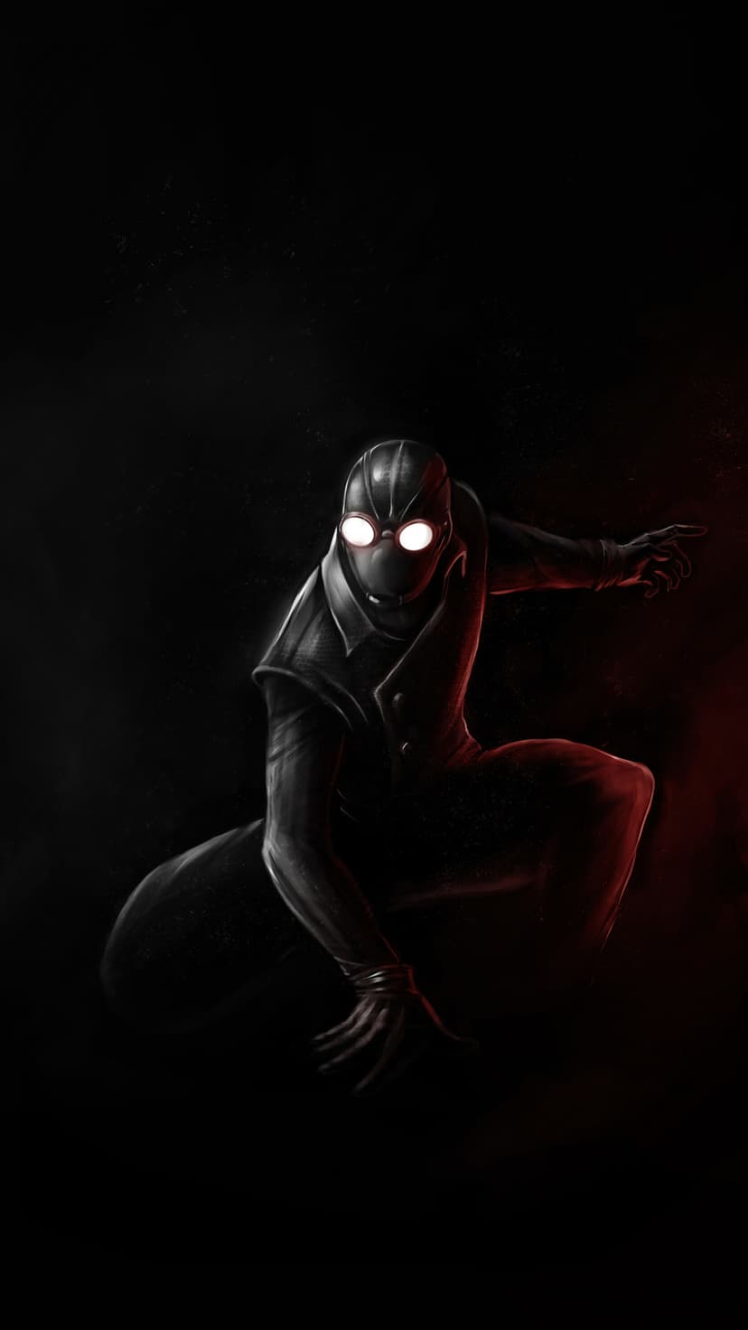 Spider-Man Noir wearing a trench coat and glowing white goggles crouches in a dark, red-lit urban environment.