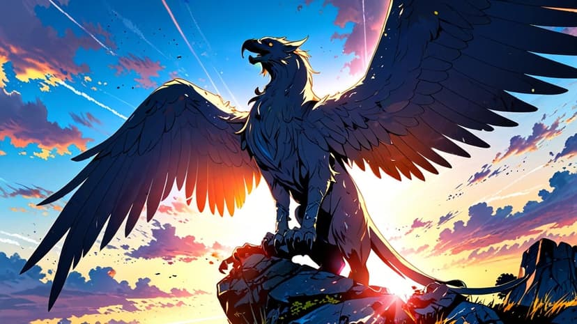 Griffin with lion body and eagle head stands on a mountain ledge against an orange and blue sunset sky.