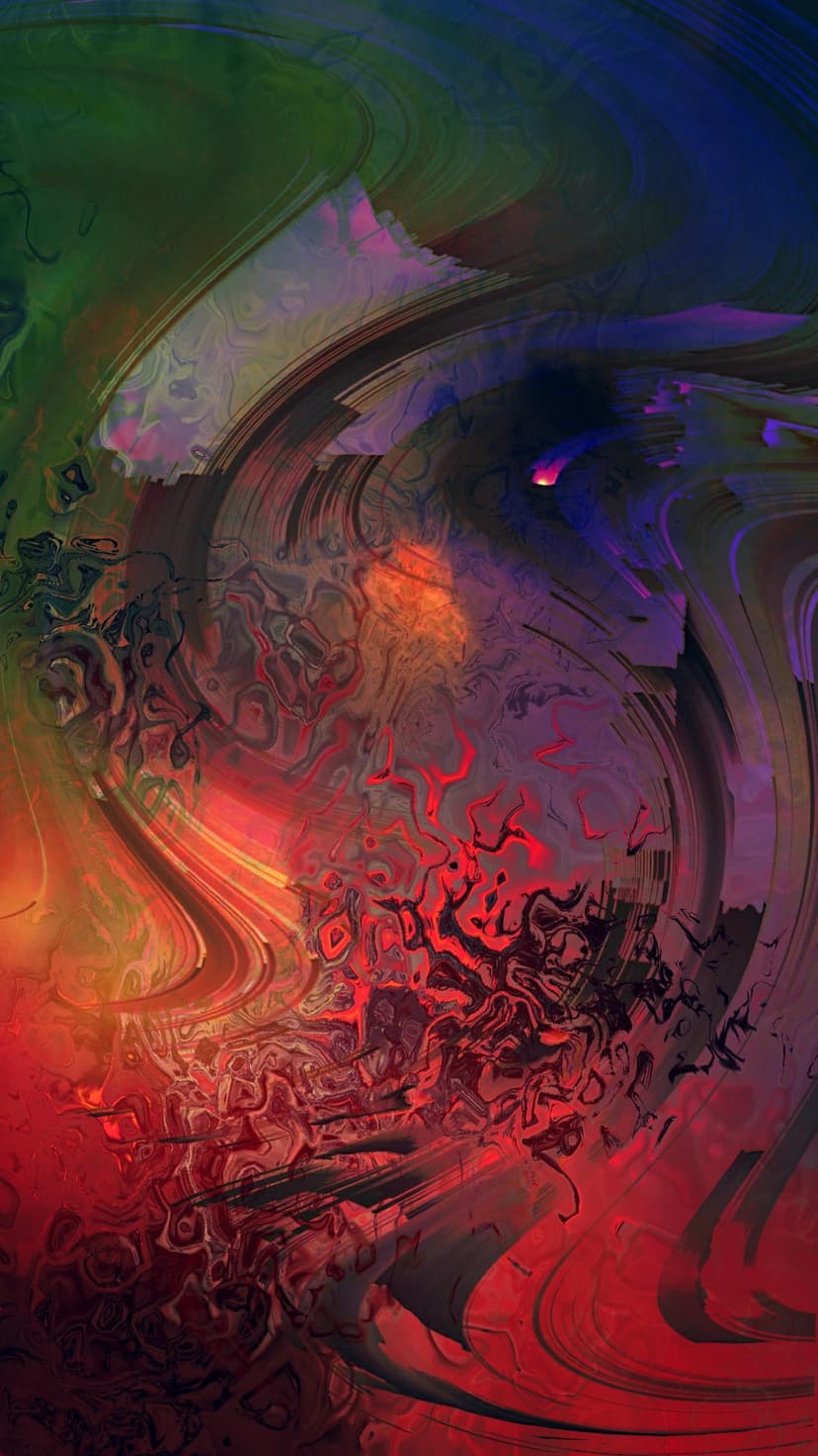 Multicolored luminous swirls of emerald green and deep violet flow through a dark space with golden highlights.