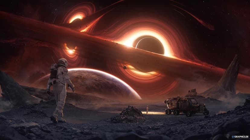 Astronaut standing on rocky alien planet viewing a glowing black hole singularity and cosmic accretion disk.