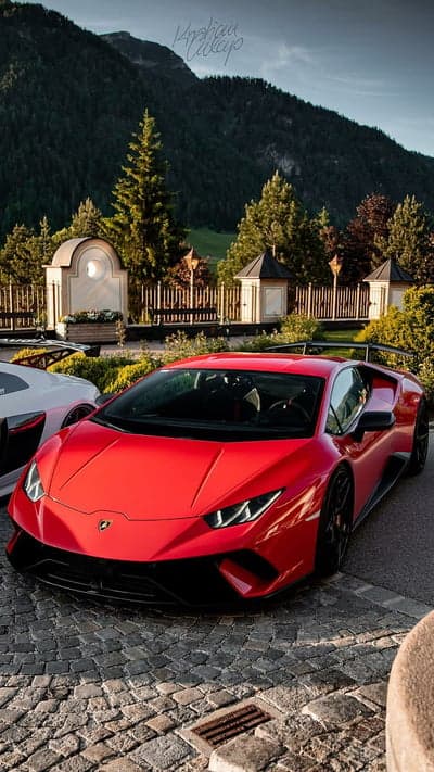Red Lamborghini Huracan Mountain Driveway Phone Wallpaper