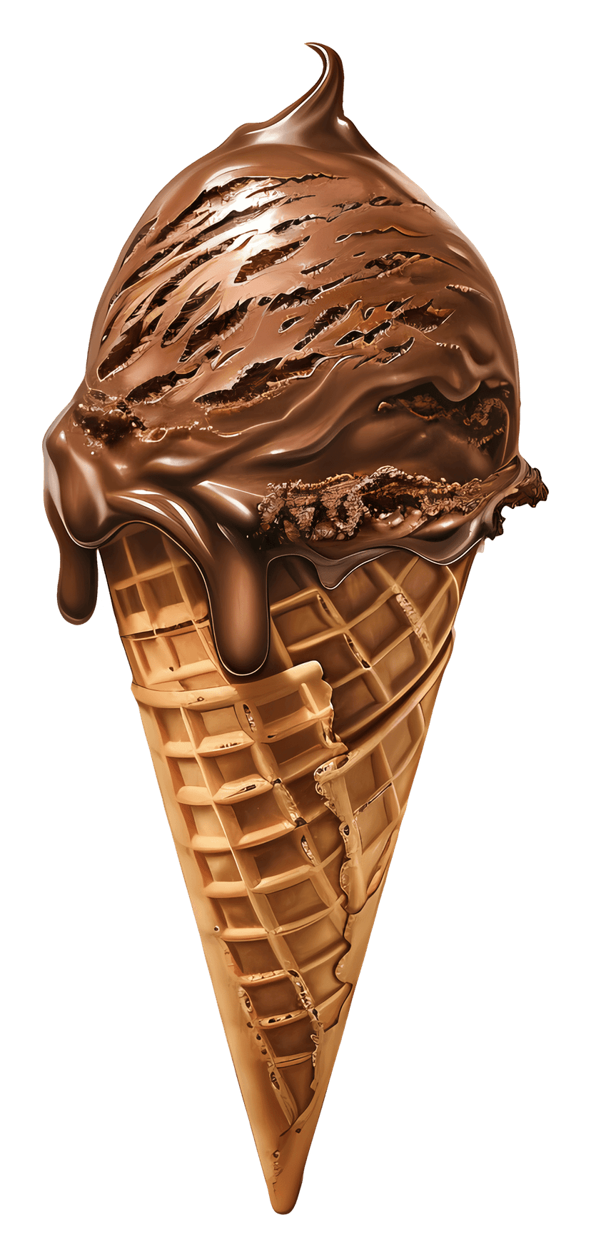 Chocolate ice cream waffle cone featuring a rich brown scoop with creamy swirls and a golden crisp texture.