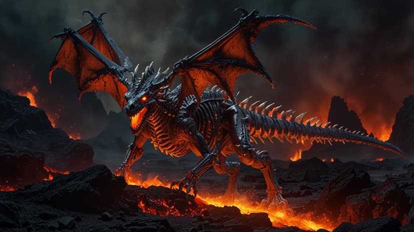 Skeletal dragon with glowing red eyes standing amidst flowing orange lava and thick dark volcanic smoke plumes