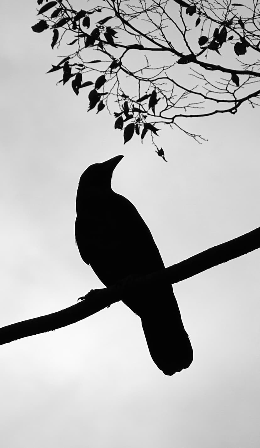 Crow silhouette perched on a dark branch against a bright overcast sky with blurred winter tree limbs.