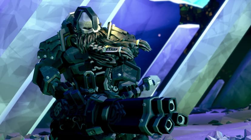 Armor-clad dwarf with a large braided beard holding a heavy minigun amidst glowing blue and purple cavern crystals.