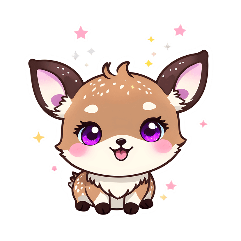 Spotted fawn sticker illustration with large purple eyes and pink cheeks surrounded by colorful twinkling stars.