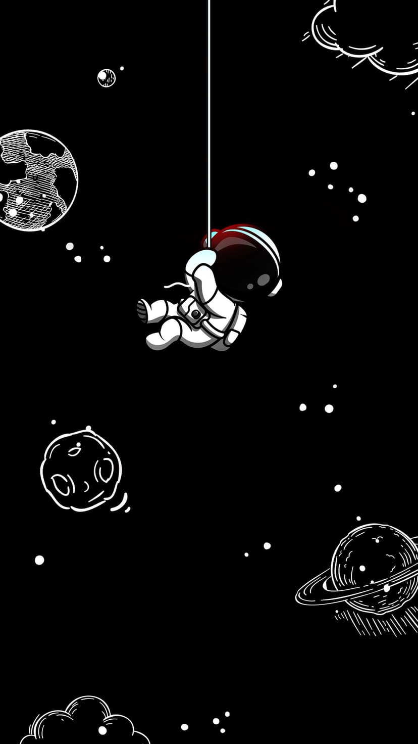 Astronaut suspended by a thin string amidst white line-art planets and moons on a deep black background.
