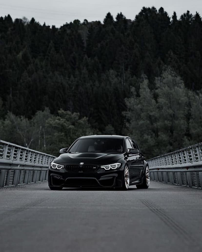 Black BMW M3 sports car with glowing headlights parked on a bridge surrounded by a dense, dark pine forest.