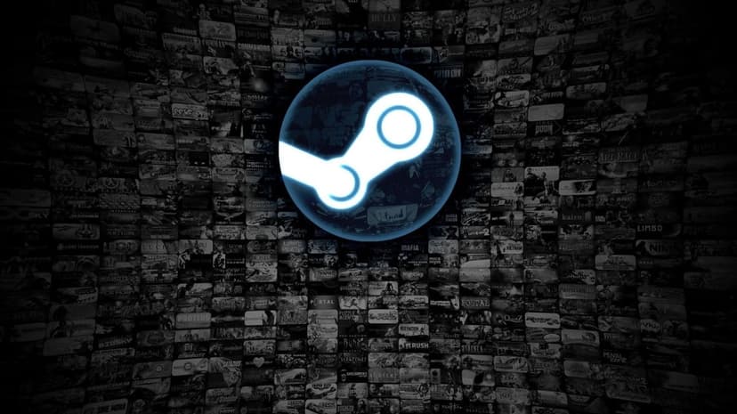 Glowing blue Steam logo centered over a spherical collage of hundreds of tiny video game cover art thumbnails.