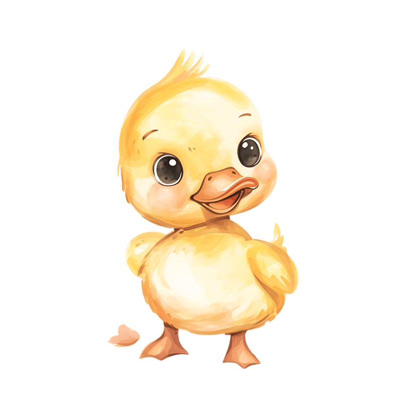 Yellow watercolor duckling with soft feathered texture and a small orange beak shown on a transparent background.