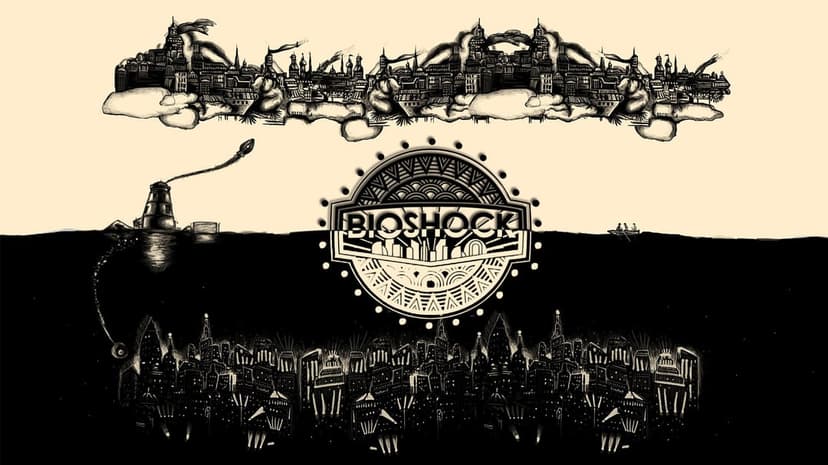 Columbia and Rapture cities separated by the sea with the central BioShock logo in a sepia illustration.