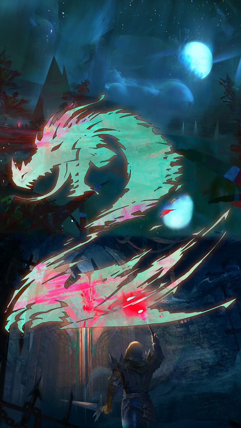 Turquoise spectral dragon sigil over a hooded mage holding a glowing red orb in a dark fantasy night scene.