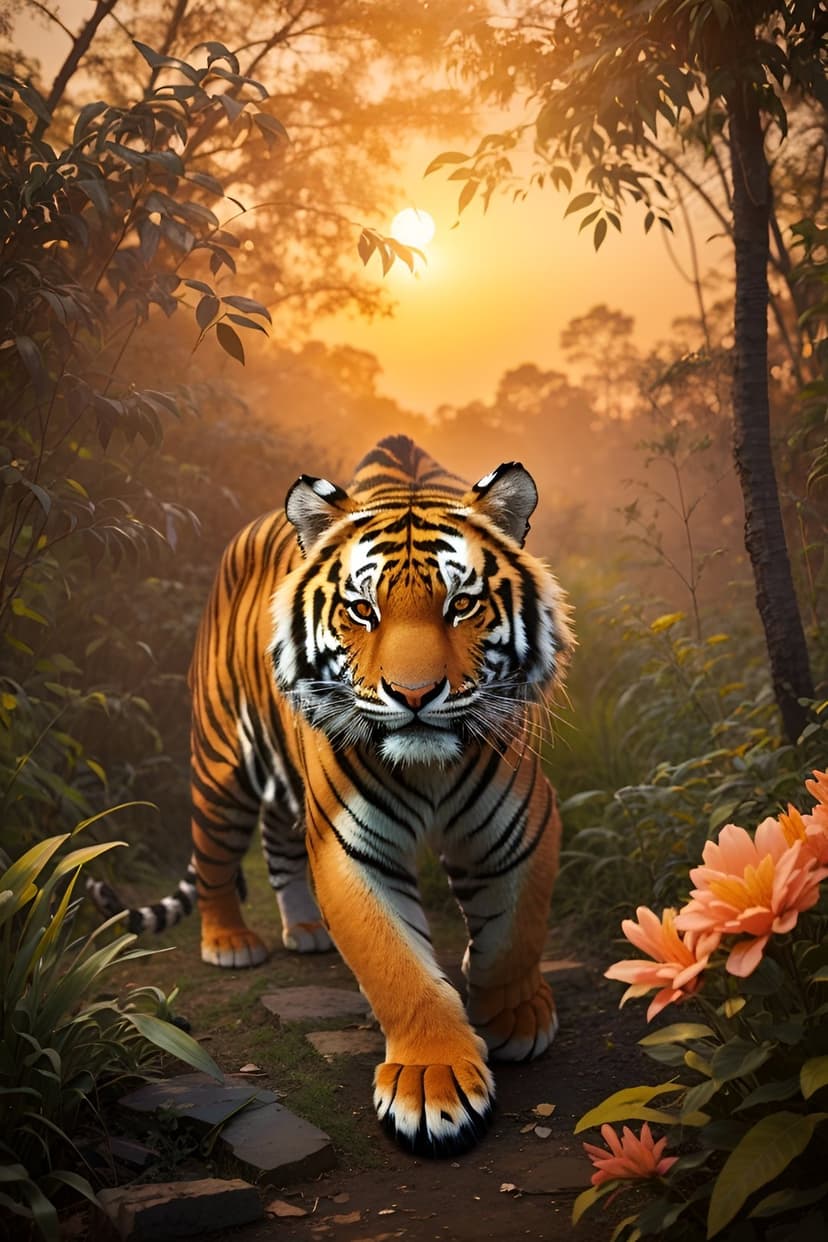 Tiger with bright orange stripes walks on a stone path through lush jungle ferns under dappled golden sunlight.