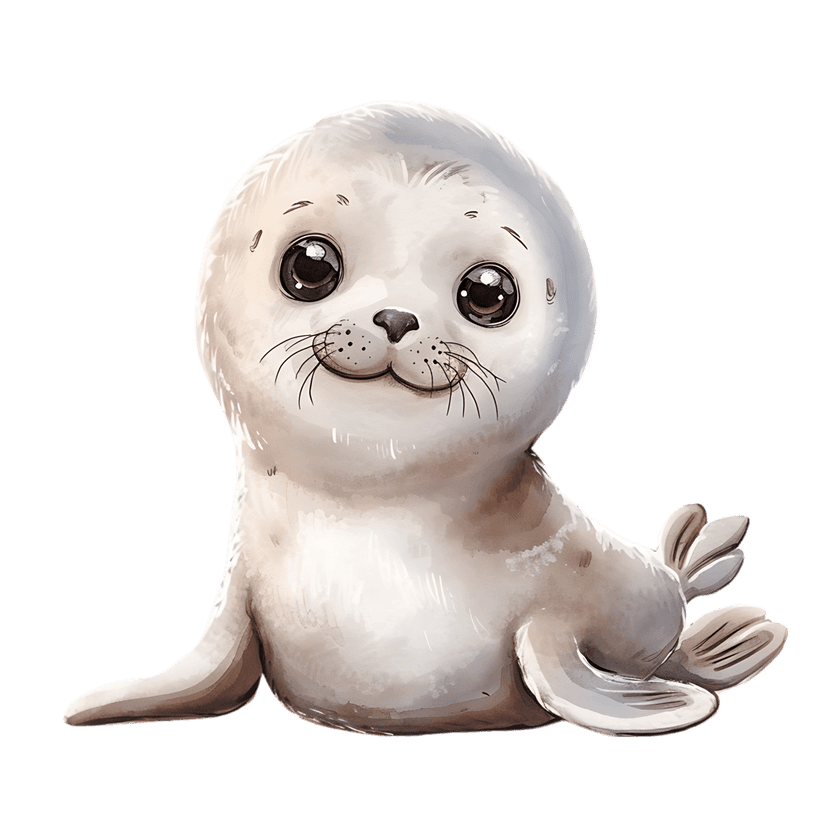 Baby seal pup watercolor painting with large dark eyes and white fur isolated on a solid black background.