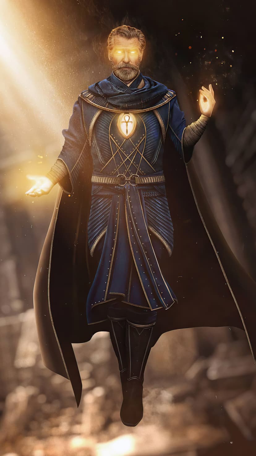 Doctor Fate in a blue and gold costume stands amidst shimmering golden energy beams and a glowing ankh symbol.