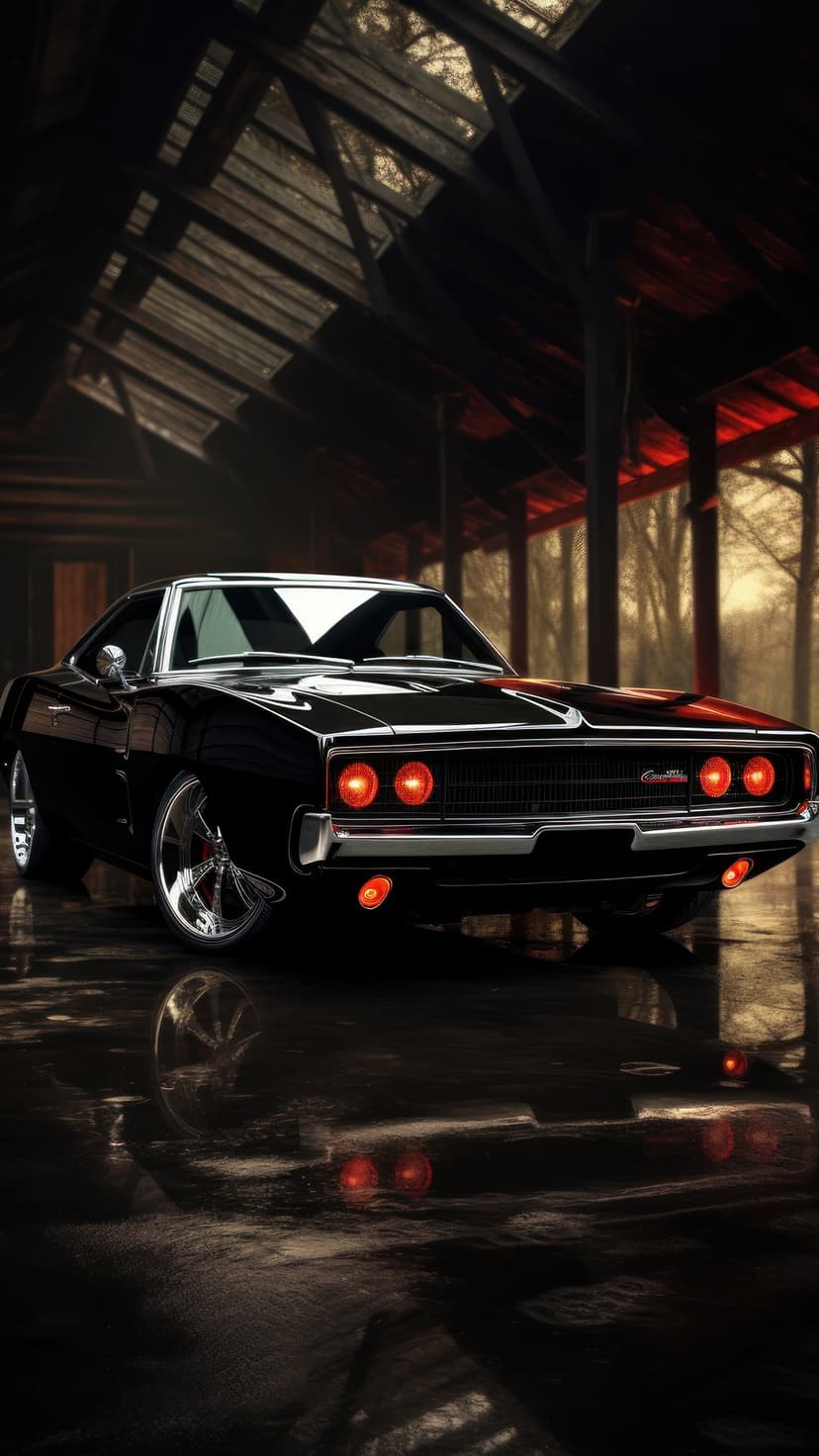 1969 Dodge Charger R/T parked in a dark garage featuring red ambient light and reflections on wet ground.