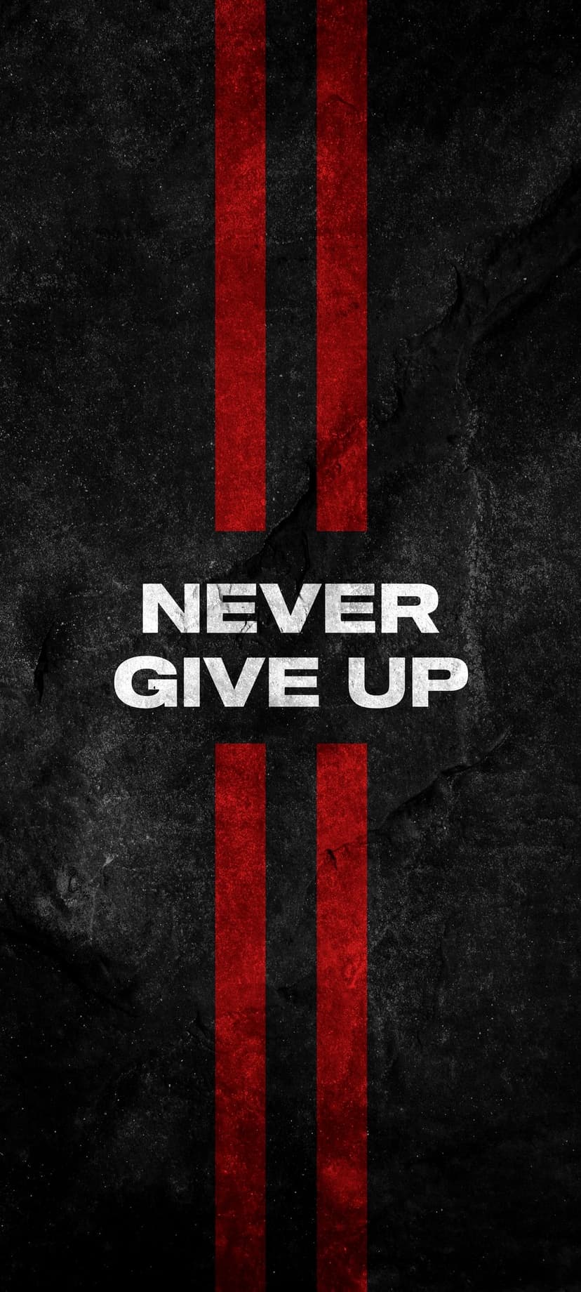 Never Give Up text in bold font centers a black textured surface accented by two diagonal red stripes.
