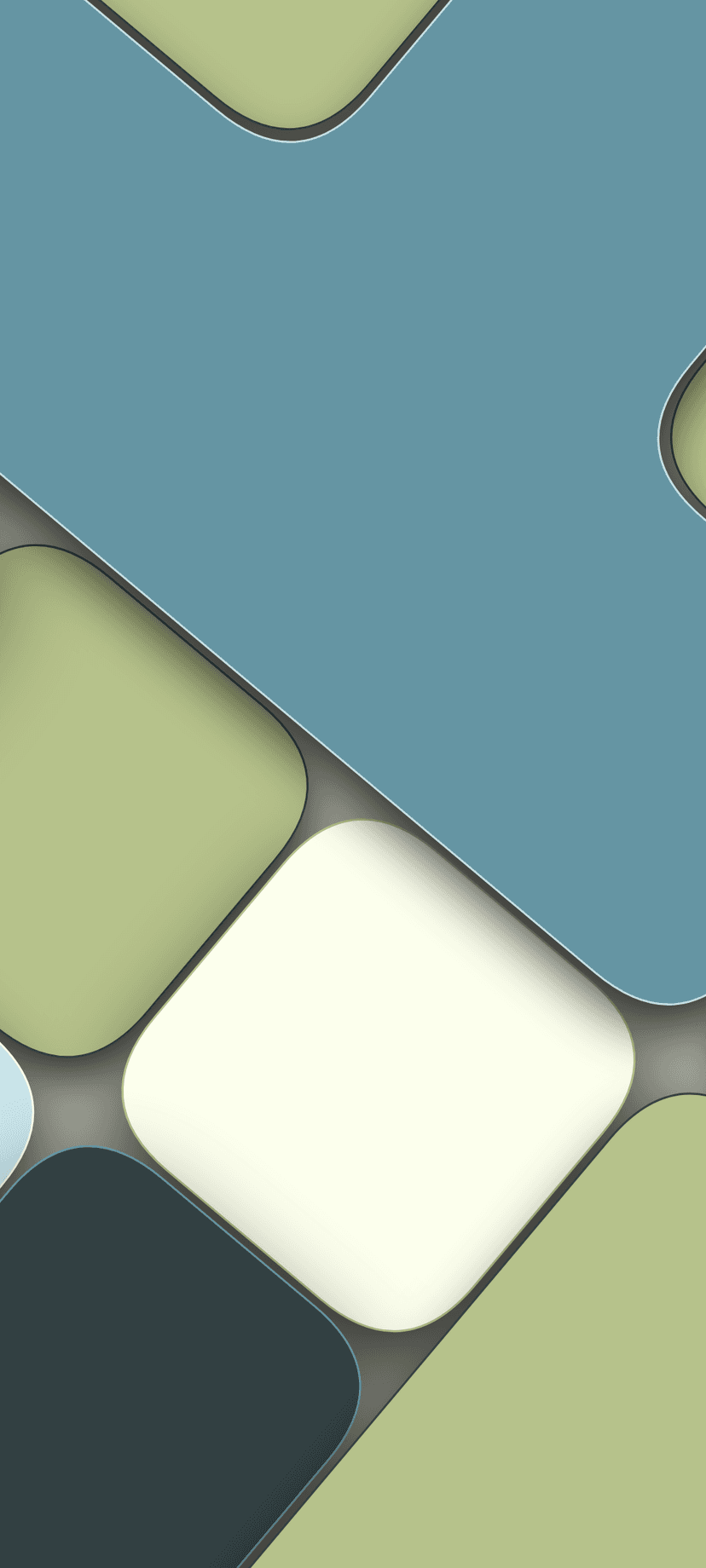 Rounded rectangular shapes in sage, blue, and cream overlap to create a minimalist geometric pattern with depth.