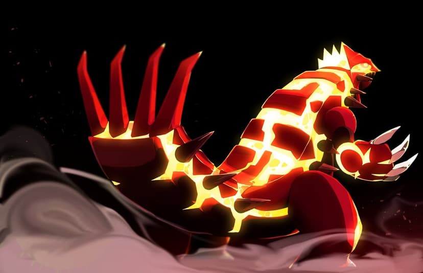 Primal Groudon with glowing yellow lava veins and sharp red armor standing amidst grey smoke on a black background.