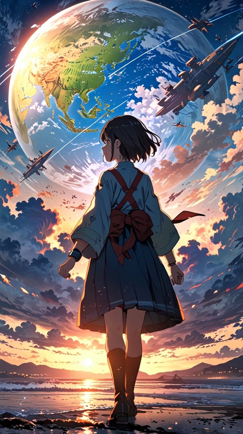 Young girl on a beach gazes at the planet Earth as spaceships fly through a vibrant sunset sky with clouds.