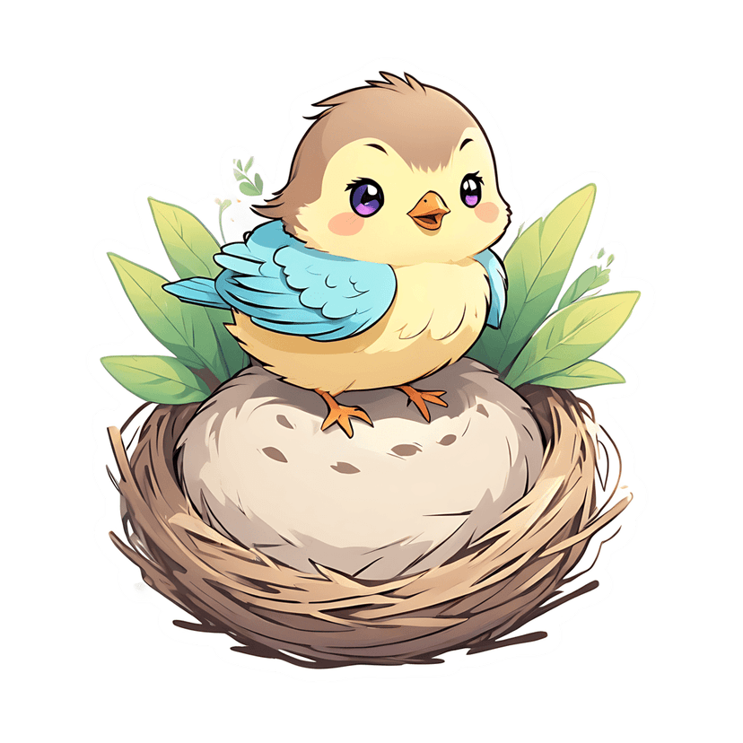 Yellow chick on egg nest sticker features blue wings, purple eyes, and green leaves on transparent background.