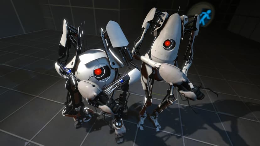Atlas and P-body robots from Portal 2 with glowing red eyes posing in a dark Aperture Science test chamber.