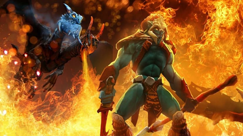 Warrior with turquoise skin stands before a two-headed dragon breathing fire in an orange and red inferno.
